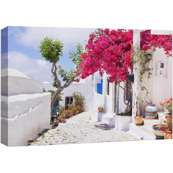 Wall26 Santorini Greece Pink Flowers Frameless Art - Canvas Print Wall Art - Nature Wilderness Photography Realism Wall Decor - Landscape Scenic Bohemian Rustic Countryside Wall Print - 24"x 36"