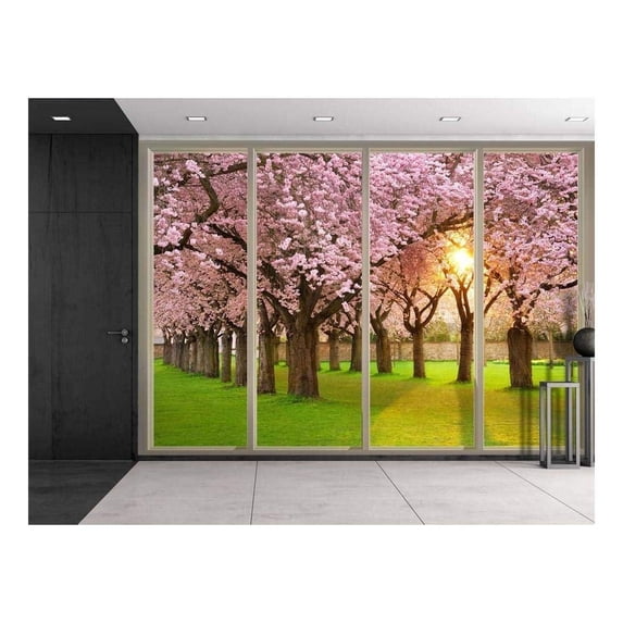 Wall26 - Sun Shining Through Rows of Pink Cherry Blossom Trees Viewed from Sliding Door - Creative Wall Mural, Peel and Stick Wallpaper, Home Decor - 66x96 inches