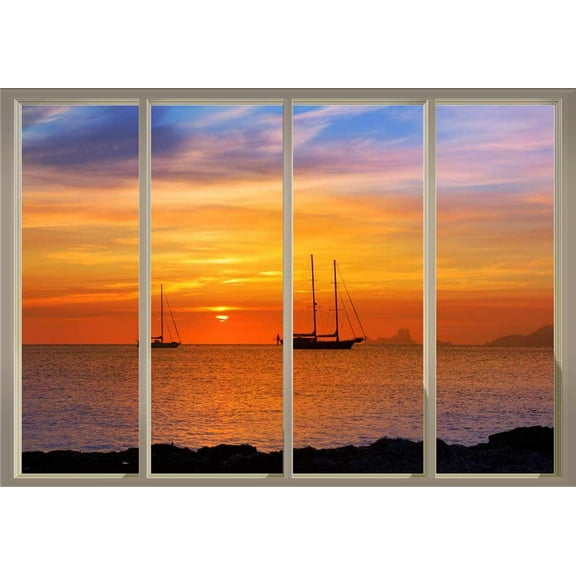 Wall26 - Sunset Over The Ocean as Boats Sail Near The Rocks Viewed from Sliding Door - Creative Wall Mural, Peel and Stick Wallpaper, Home Decor - 66x96 inches