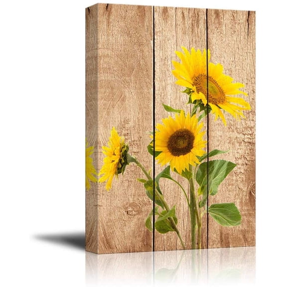 Wall26 Tall Yellow Sunflowers Over Wood Panels - Nature - Canvas Art Home Decor