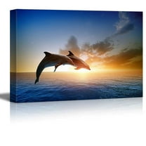 Wall26 Two Jumping Dolphins at Sunset - Canvas Art Wall Decor - 32" x 48"