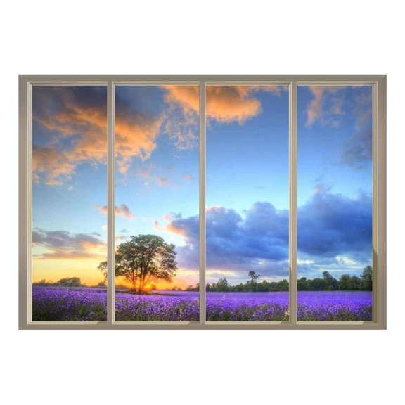 Wall26 Window View of Tree in a Field of Purple Flowers - Wall Mural - 100"x144"