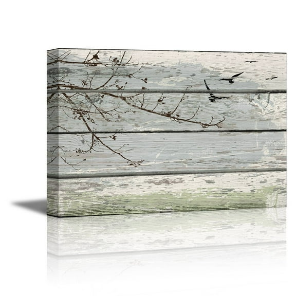 Wall26 Wrapped Canvas Prints Bedroom/Living Room Decorations - Abstract Wall Art Tree Branches Birds on Vintage Wood Background Stretched Ready to HangRustic Home Decoration - 16x24