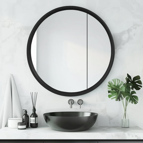 WallBeyond 24 inch Black Wood Frame Round Bathroom Vanity Mirror, Home Decor Wall Mirror