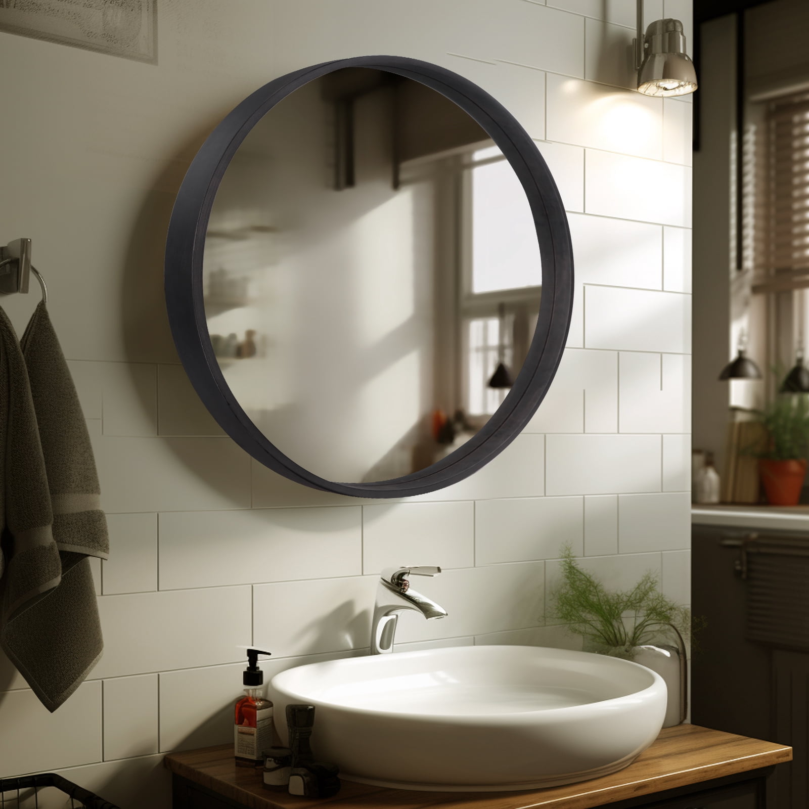 WallBeyond 24 inch Black Wood Frame Round Bathroom Vanity Mirror, Home ...