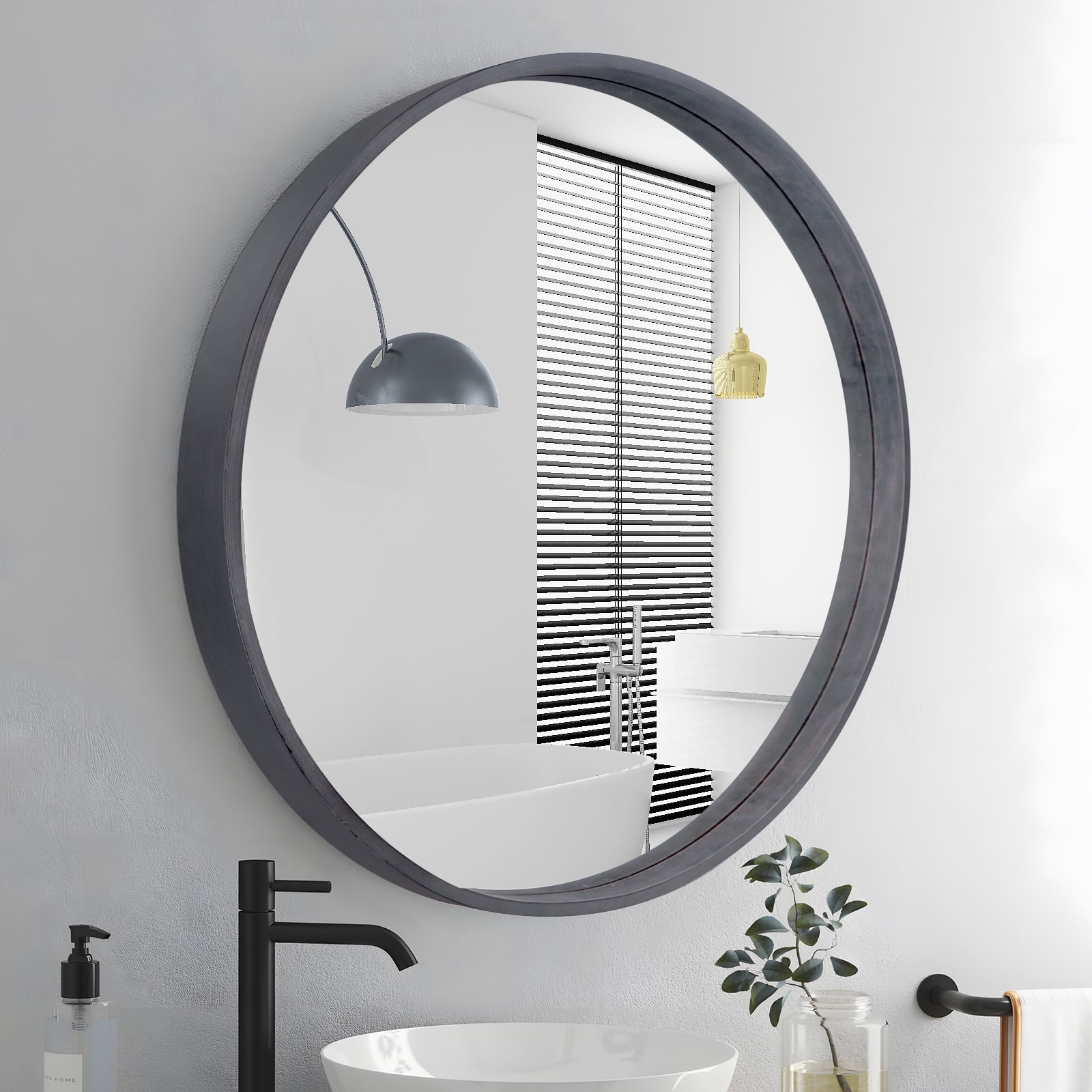 "WallBeyond 24"" Round Bathroom Vanity Mirror, Gray Wood Frame, Home ...
