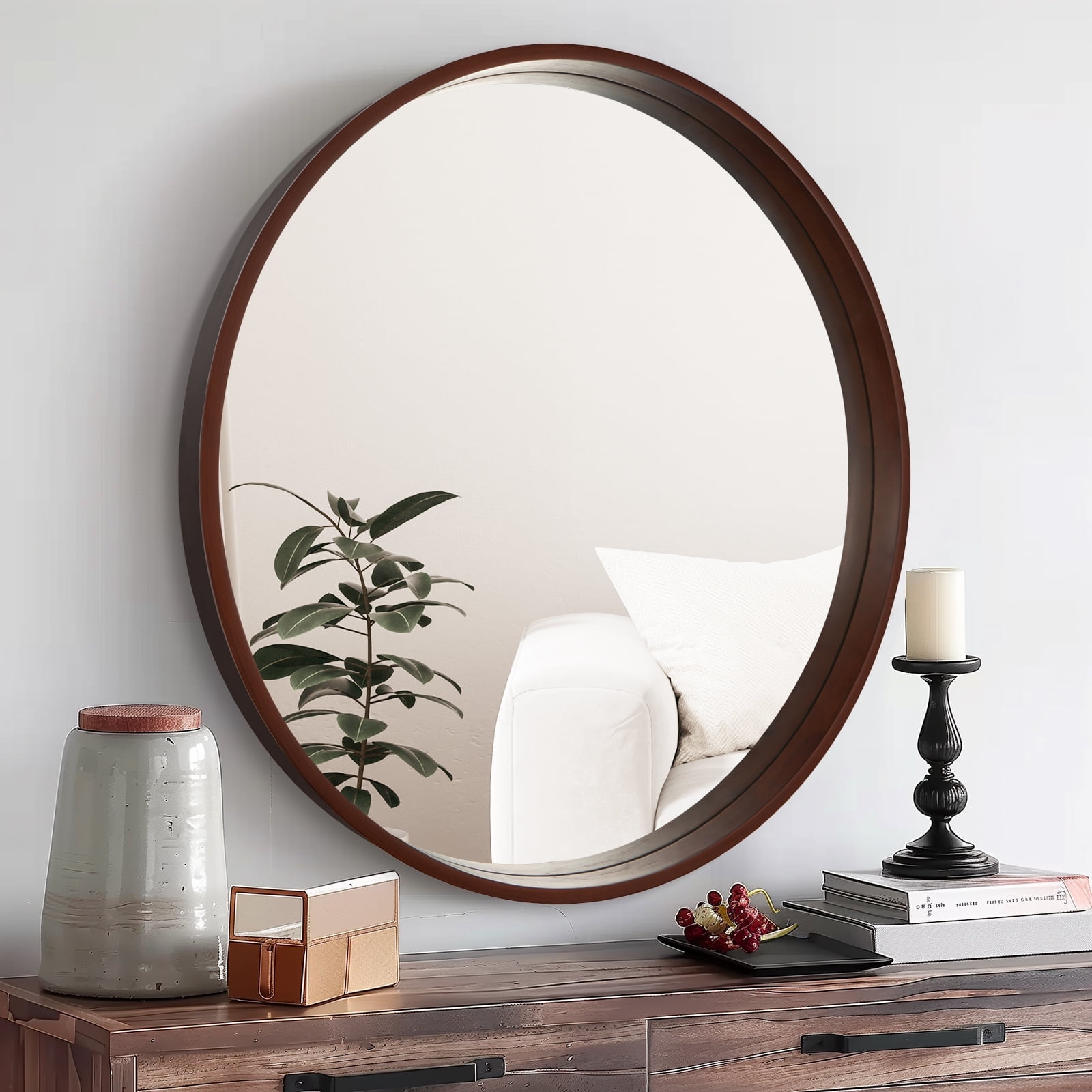 Walnut Wood Frame Round Wall Mirror 24 Inches