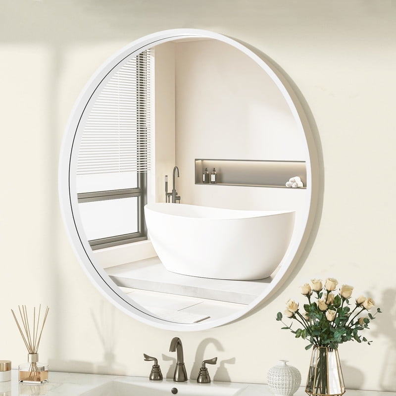 WallBeyond 28 inch Wood Frame Round Bathroom Wall Mirror, Decorative ...