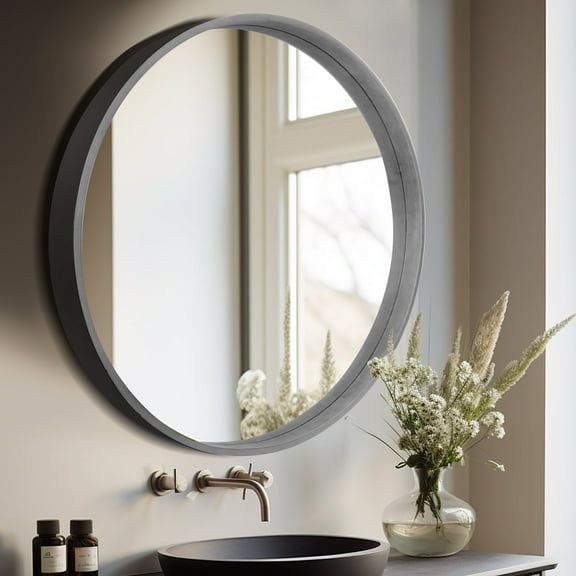 WallBeyond 28 inch Wood Frame Round Mirror, Decorative Circle Wall Mirror for Bathroom Vanity, Gray