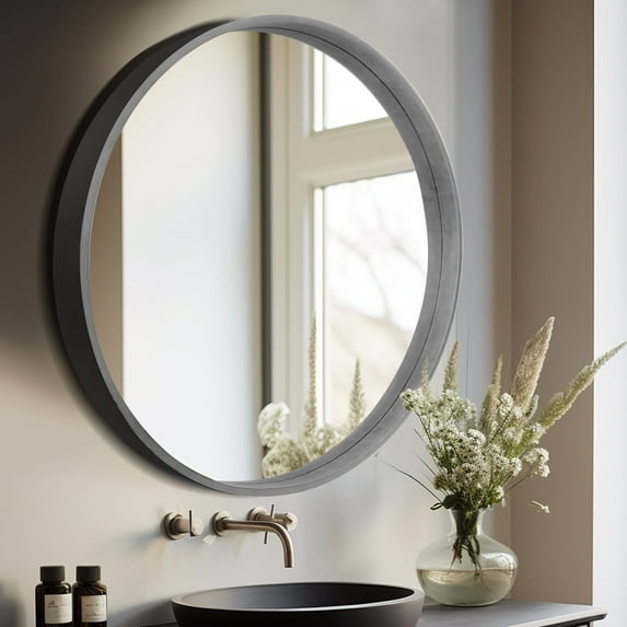 WallBeyond 28 inch Wood Frame Round Mirror, Decorative Circle Wall Mirror for Bathroom Vanity, Gray