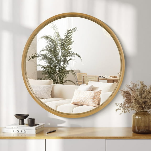WallBeyond 28 inch Wood Frame Round Mirror, Decorative Circle Wall Mirror for Bathroom Vanity, Natural Wood