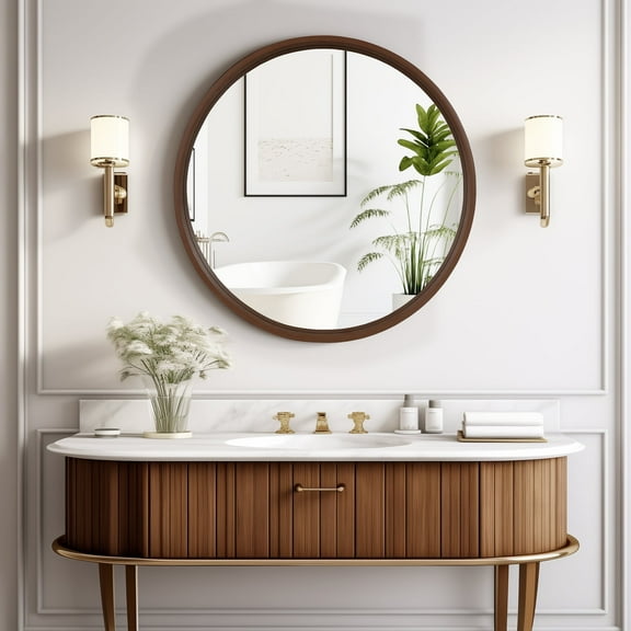 WallBeyond 28 inch Wood Frame Round Mirror, Decorative Circle Wall Mirror for Bathroom Vanity, Walnut