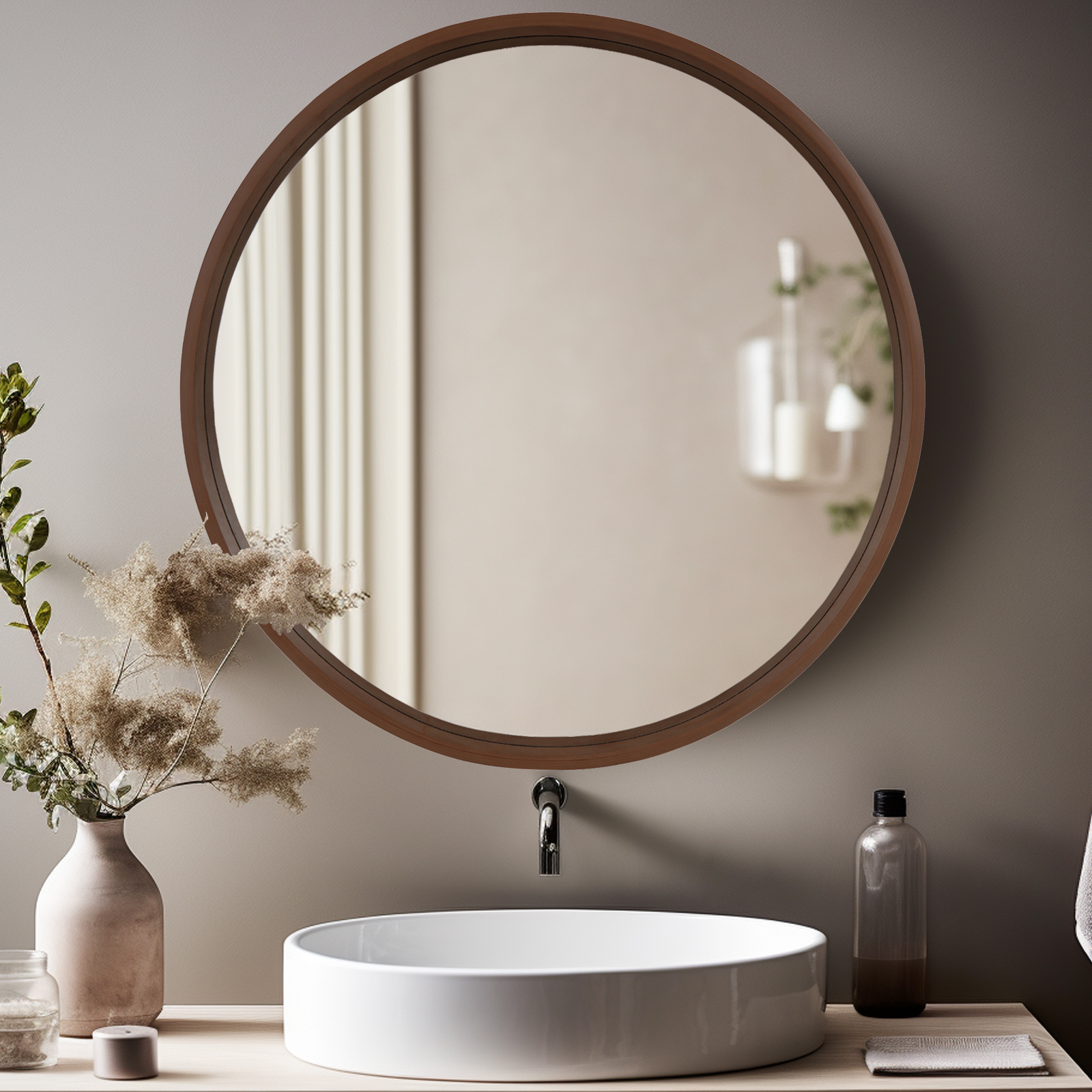 Kate and Laurel Hutton Round Decorative Modern Wood Frame Wall Mirror