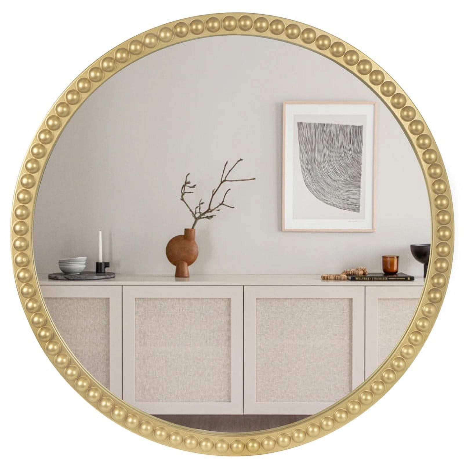 WallBeyond 30 inch Large Wood Round Wall Mirror with Gold Beaded Frame