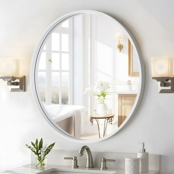 WallBeyond 31" x 31" White Round Bathroom Decorative Wall Mirror