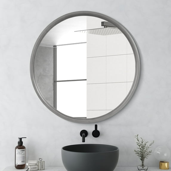 WallBeyond 32 inch Wood Frame Round Bathroom Wall Mirror, Decorative Mirror for Living room, Gray