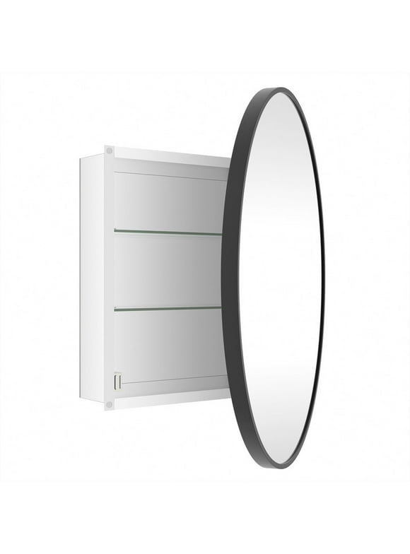 WallBeyond Bathroom Medicine Cabinet with Round Mirror Aluminum Framed 28", Black