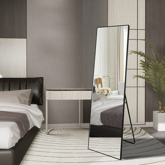 WallBeyond Black Aluminum Frame Rectangle Full Length Mirror with Stand for Living Room Bedroom Bathroom, Standing, Leaning or Hanging 64" x 21"