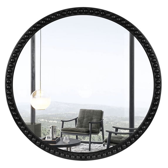 WallBeyond Black Beaded Frame Round Wall Mirror,Bathroom Mirror, Wood Home Decor, 30 inch
