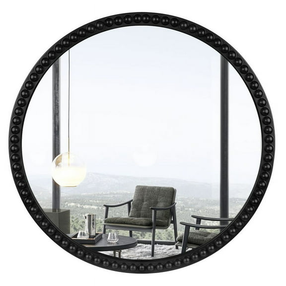 WallBeyond Black Beaded Frame Round Wall Mirror,Bathroom Mirror, Wood Home Decor, 30 inch