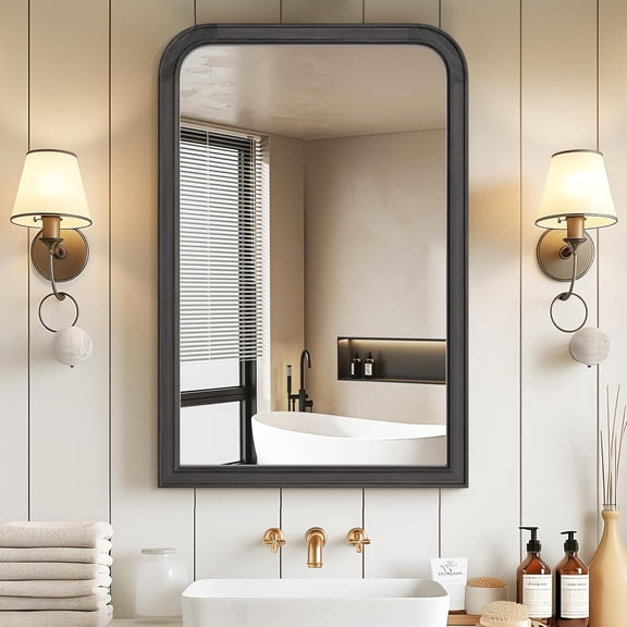 WallBeyond Black Wood Bathroom Mirror 20" x 30" Wooden Arched Wall Mirror Farmhouse Style Bathroom Vanity Mirror for Home Decor Rectangle Mirror (Horizontal/Vertical Black)