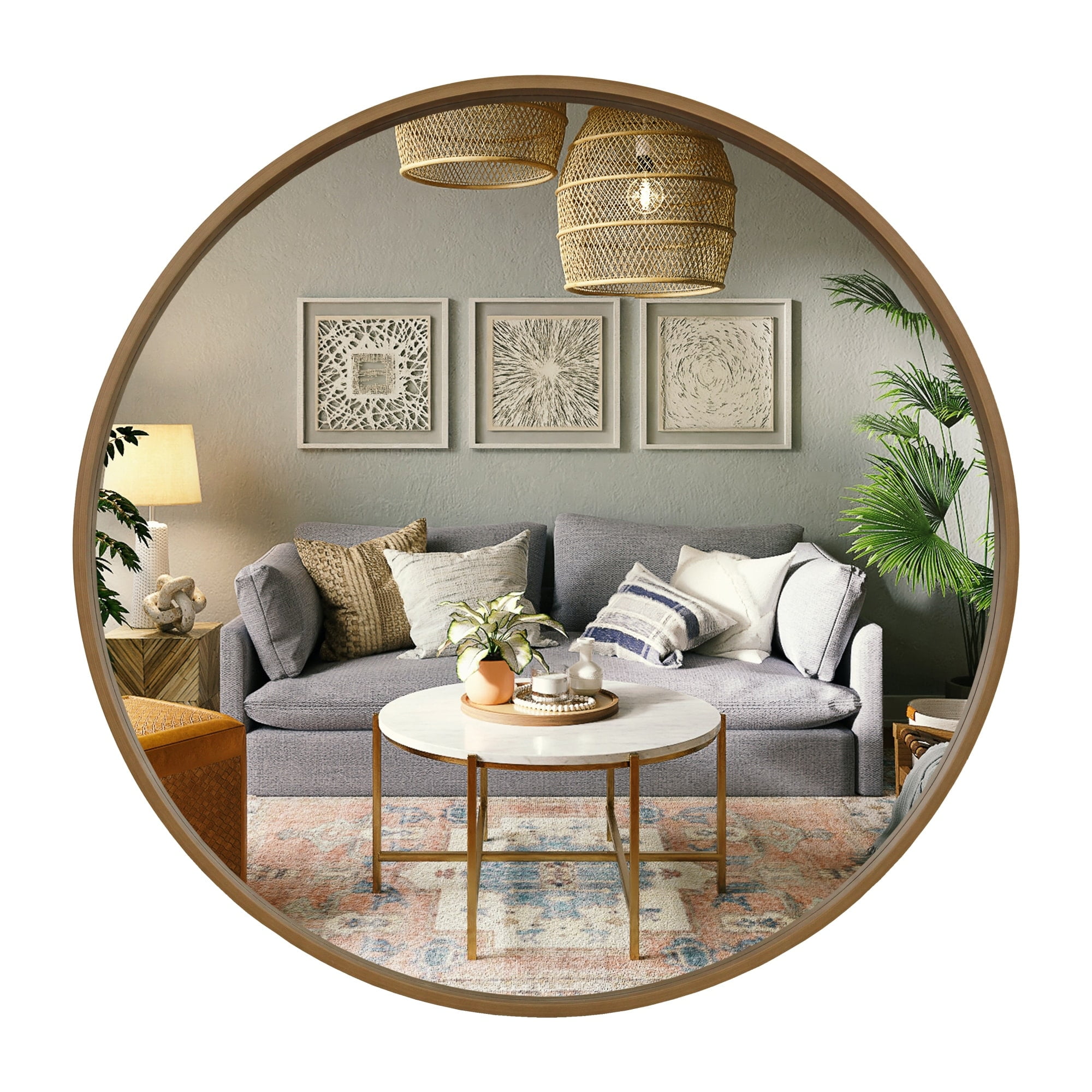 Natural Pine Wood Round Wall Mirror