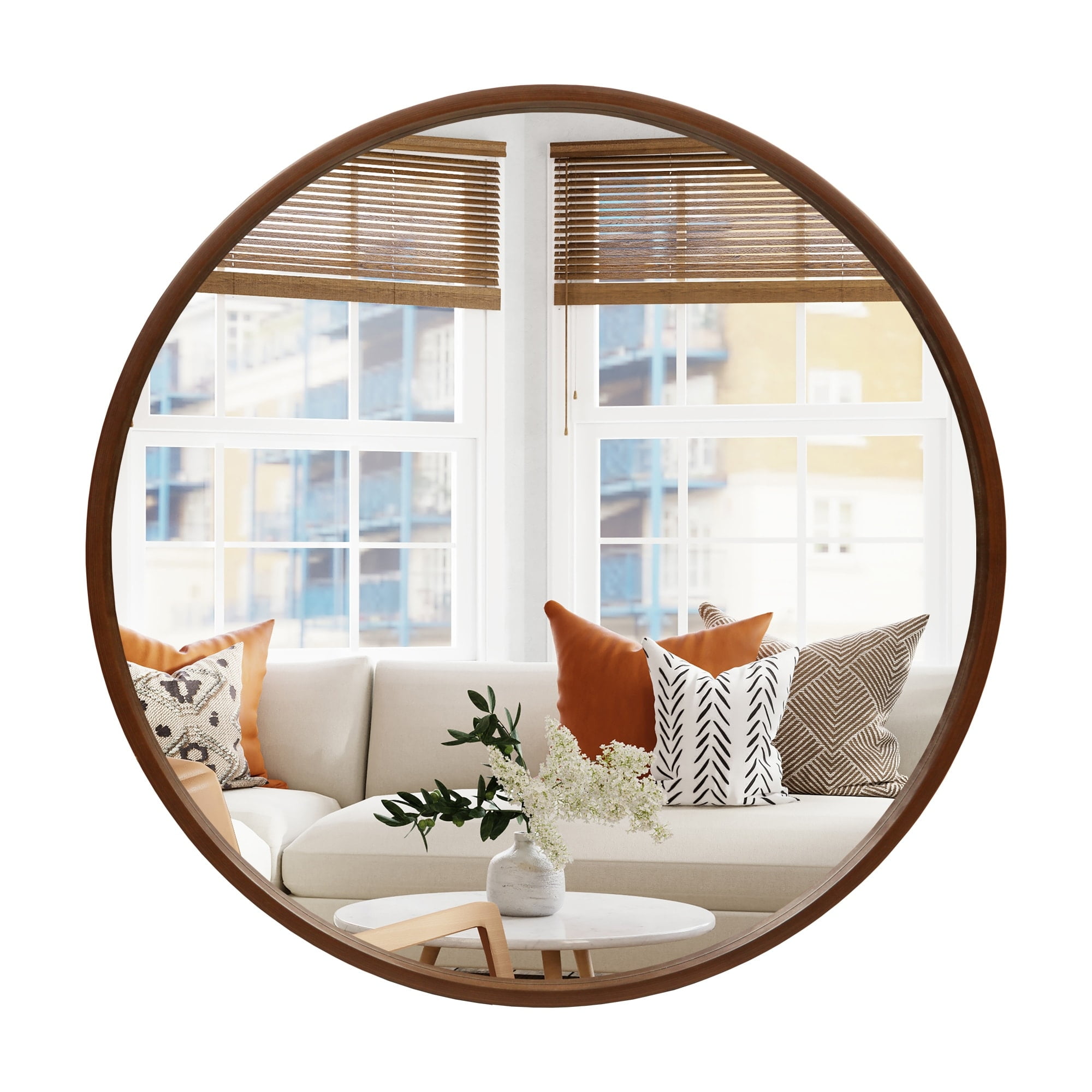 24-Inch Round Walnut Wood Frame Wall Mirror