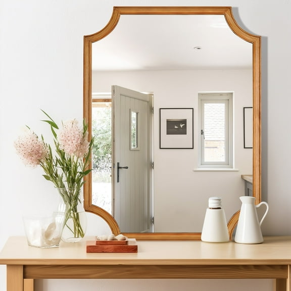 WallBeyond Full Scalloped Corners Arch Farmhouse Style Rectangle Wall Mirror with Wood Frame 20" x 30" - Light Brown