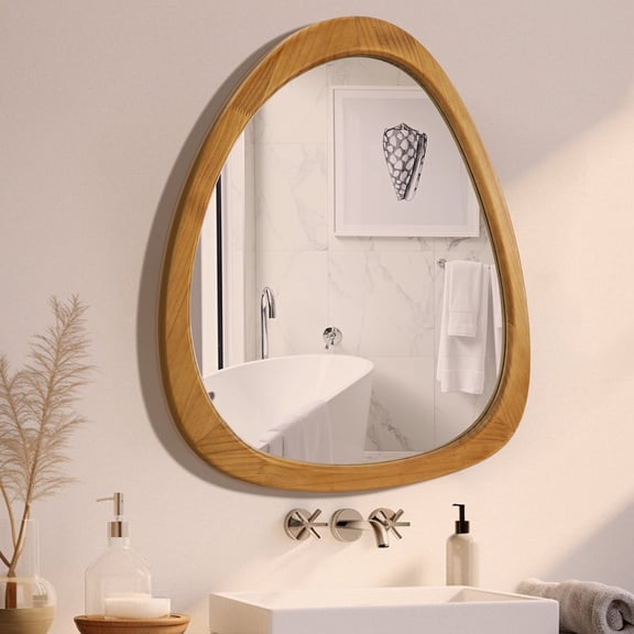 WallBeyond Irregular Natural Wood Frame Wall Mirror for Bathroom, Asymmetrical Home Wall Decor, 23.5 × 19 inch