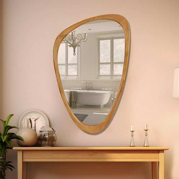 WallBeyond Irregular Natural Wood Frame Wall Mirror for Bathroom, Asymmetrical Home Wall Decor