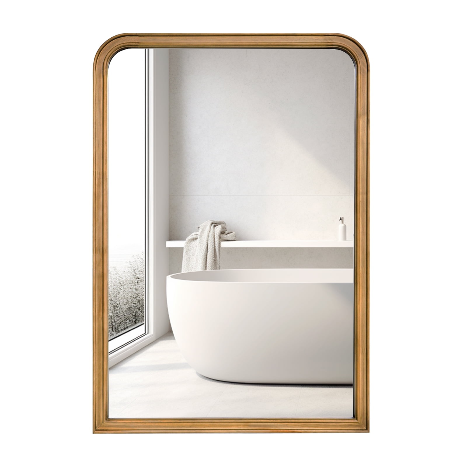Natural Wood Rectangular Wall Mirror with Arched Top 24" x 36"