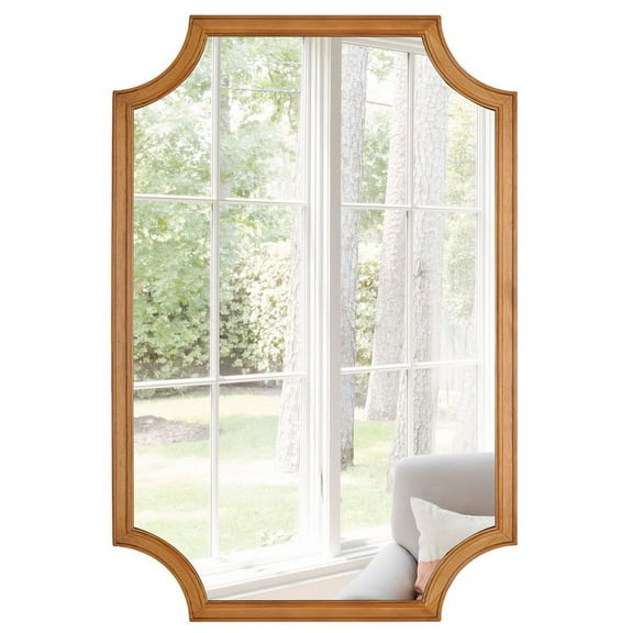 WallBeyond Wood Frame Full Scalloped Corners Arch Rectangle Wall Mirror, Home Decor 24" × 36" Natural Wood