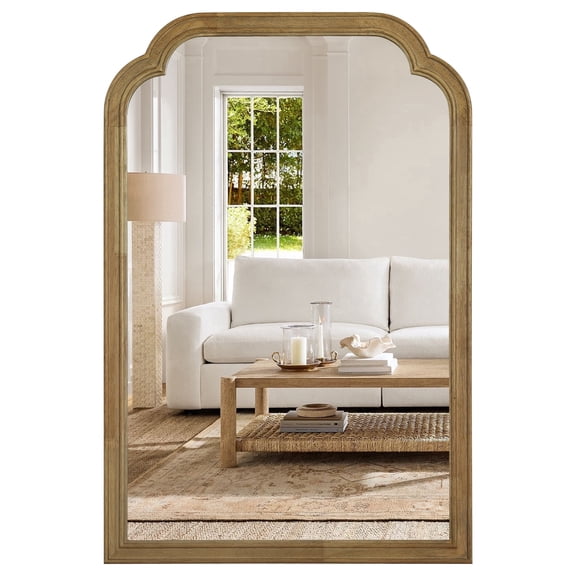 WallBeyond Wood Frame Rounded Corner Arch Rectangle Wall Mirror for Bathroom, 20" × 30", Natural Wood