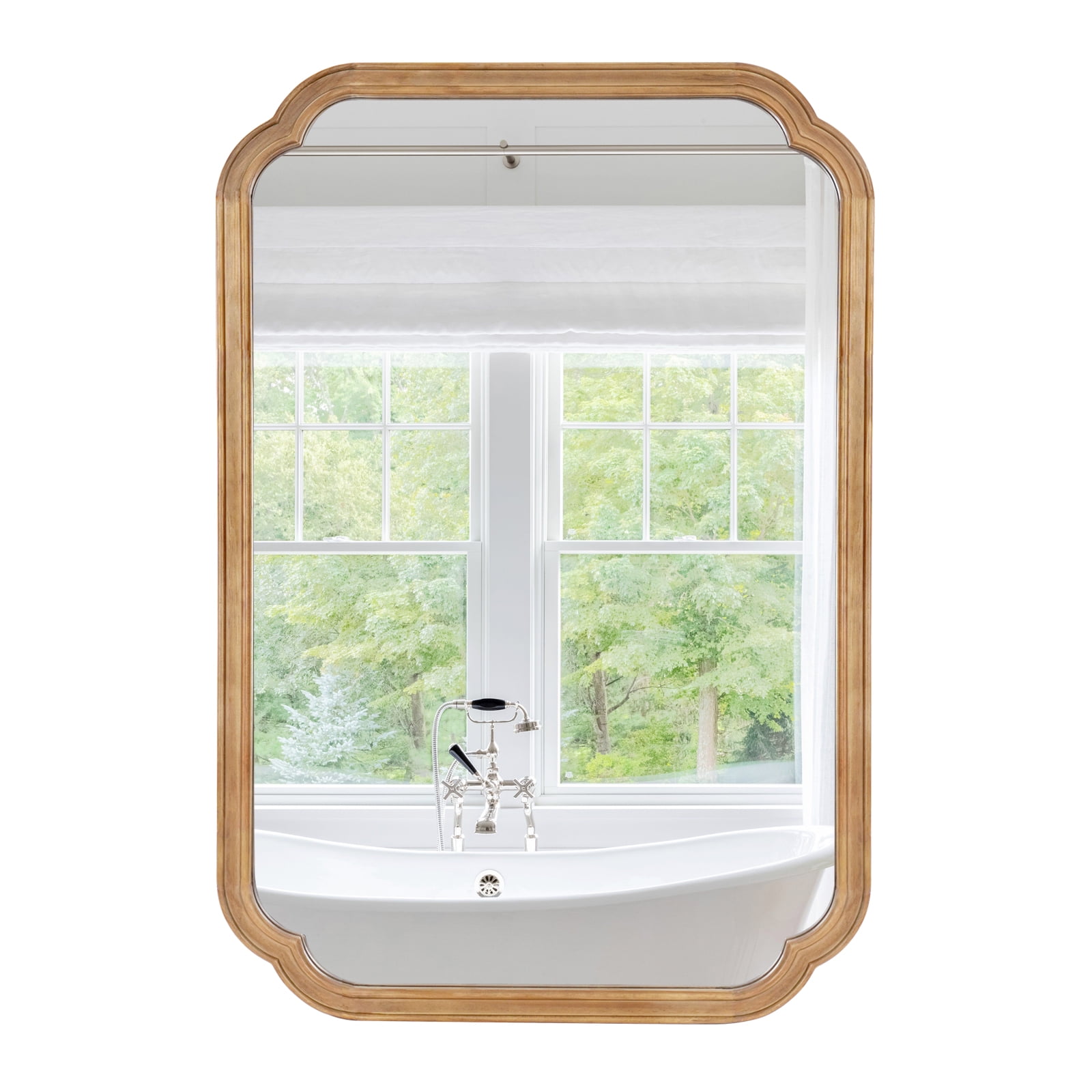 WallBeyond Wood Frame Rounded Corner Arch Wall Mirror for Bathroom 24" x 36", Natural Wood