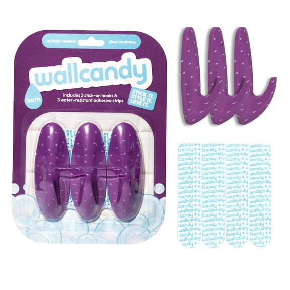 WallCandy Bath Purple Polka Dot Stick-On Wall Hooks with 3M Command Strips, 3 pack