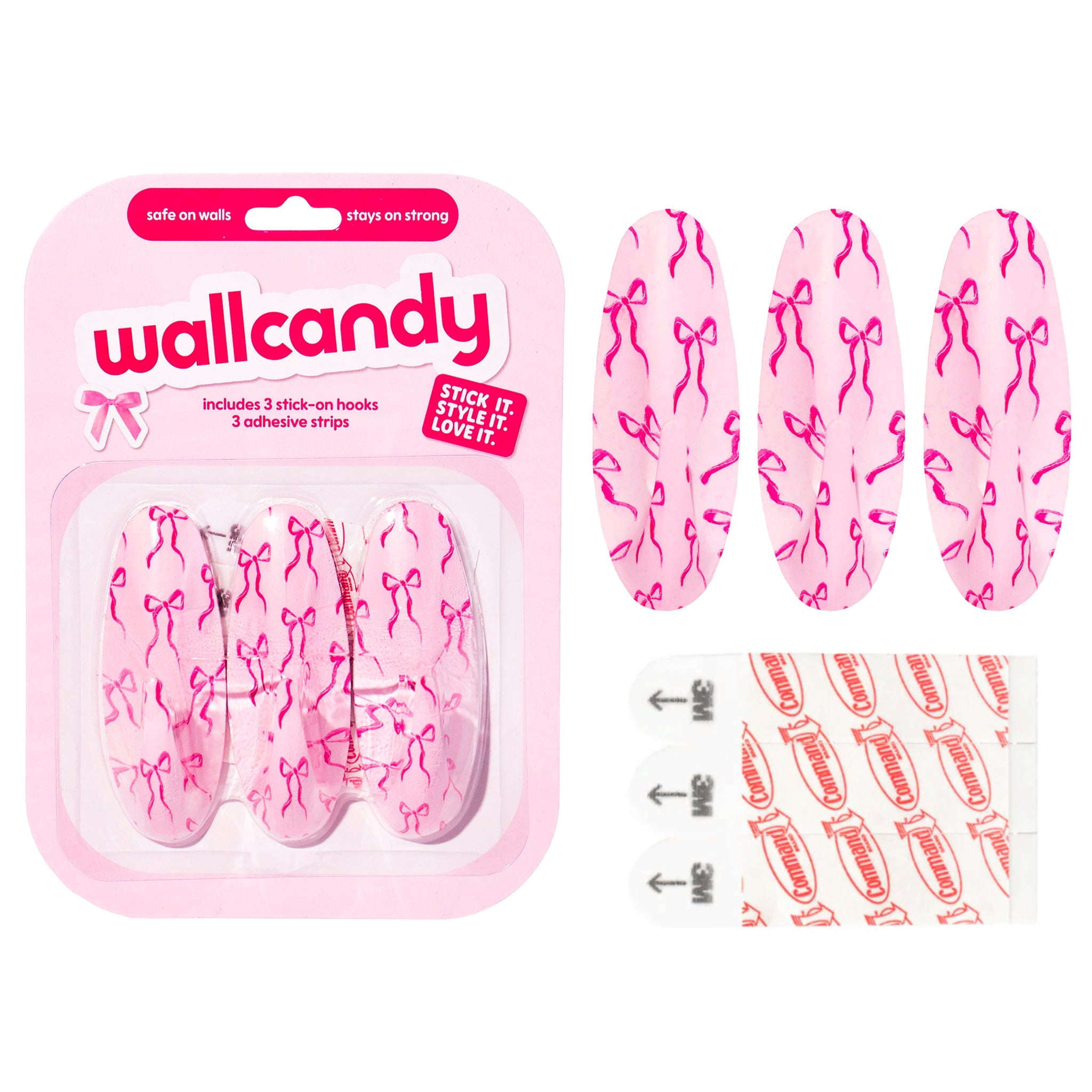 WallCandy Pink Bow Print Stick-On Wall Hooks with 3M Command Strips | 3 Pack