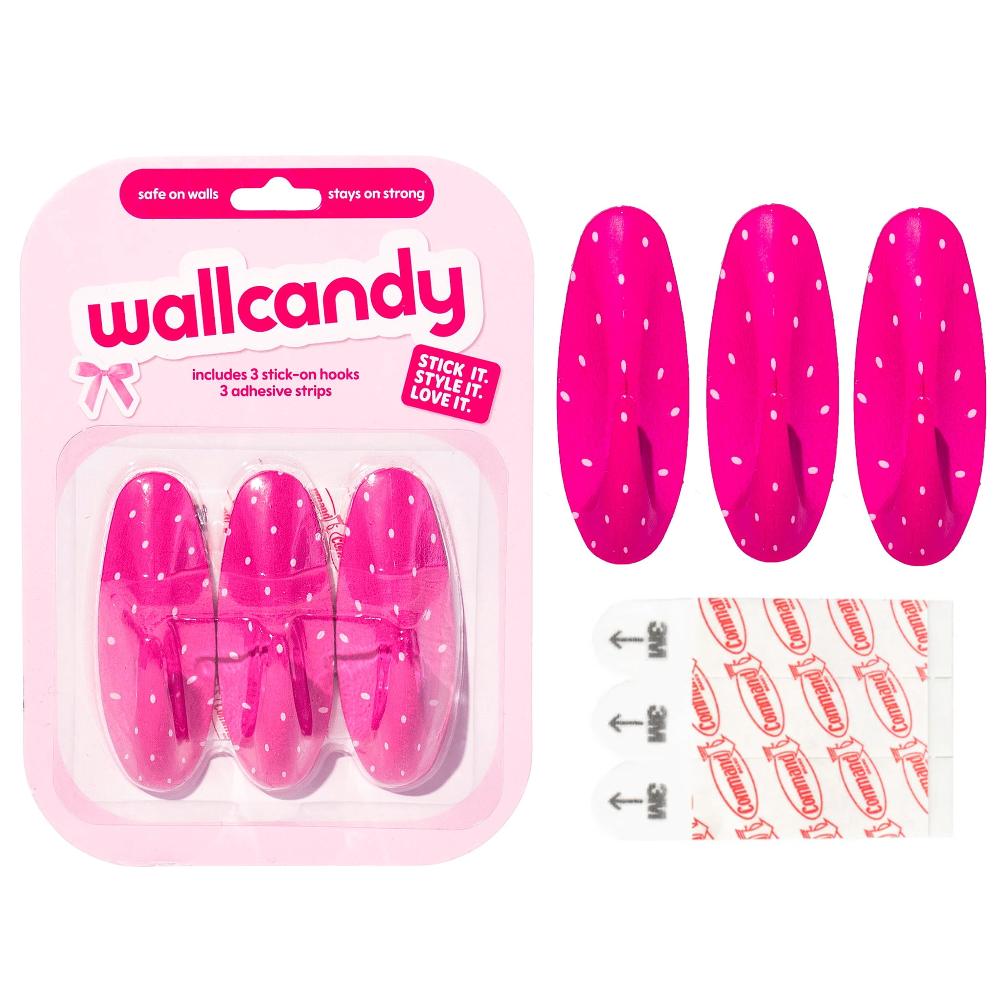 WallCandy Pink Polka Dot Stick-On Wall Hooks with 3M Command Strips | 3 Pack