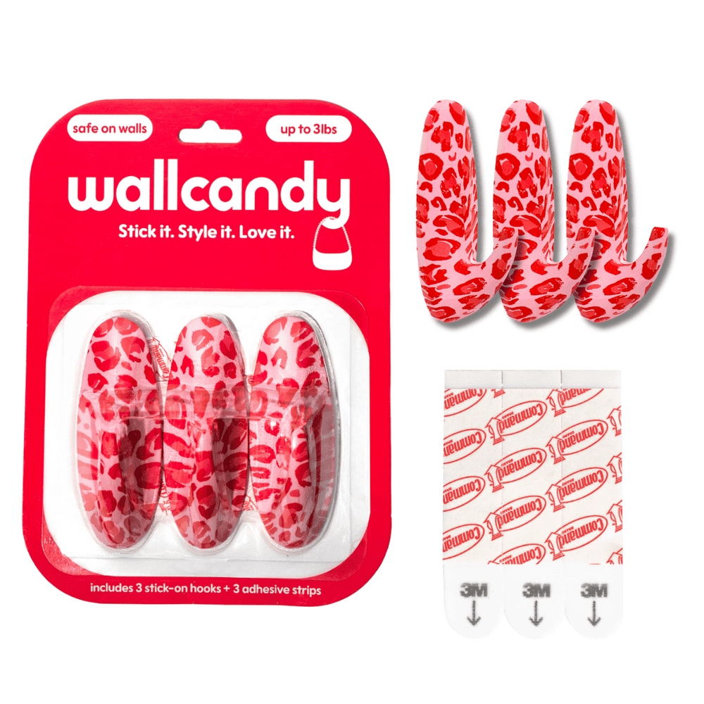WallCandy Pink Cheetah Stick-On Wall Hooks with 3M Command Strips | 3 Pack