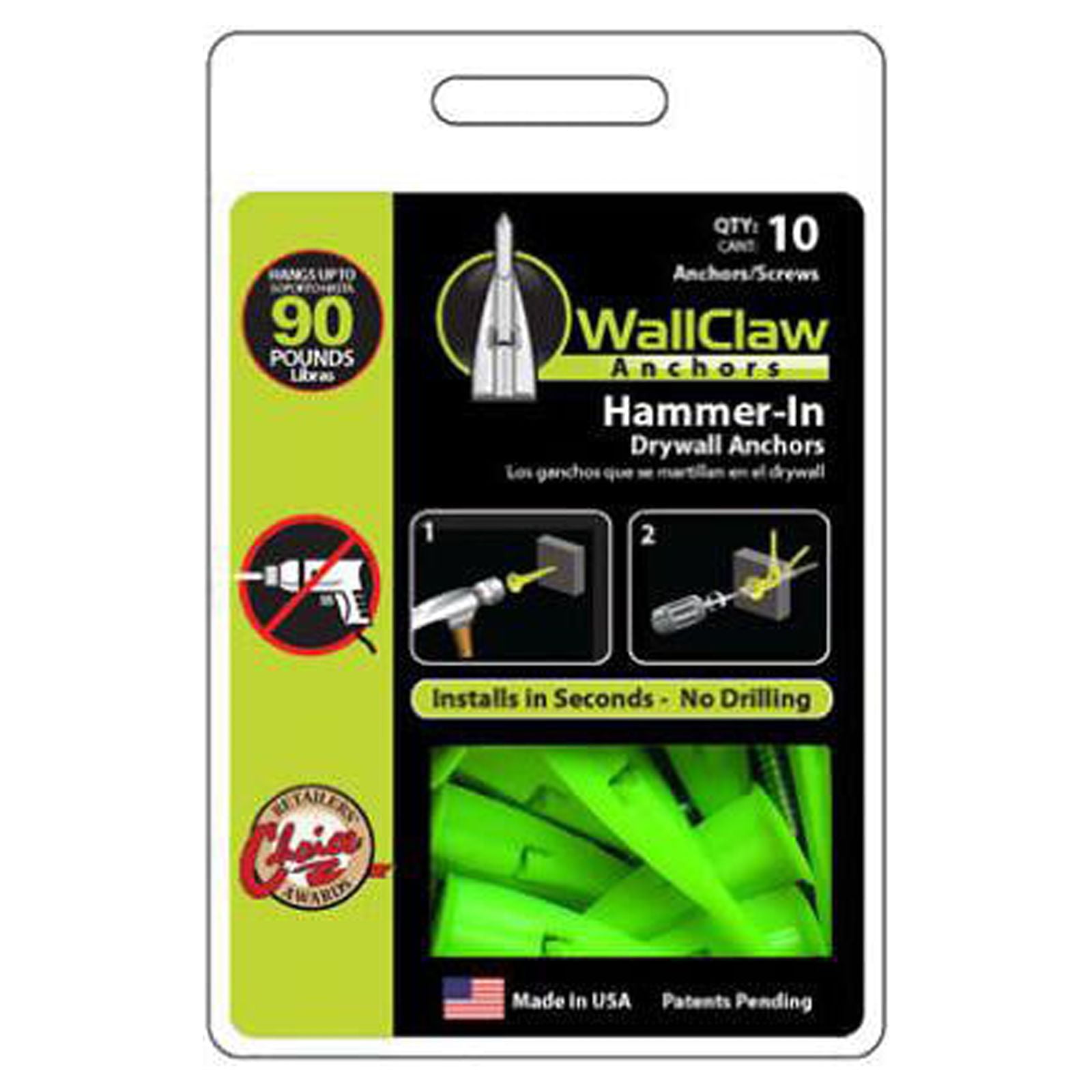 WallClaw Anchors WallClaw PCK-WC10-YS Hammer-In Drywall Anchors, 10-Pk. - Quantity 8 — Heavy-Duty Construction, Professional Use
