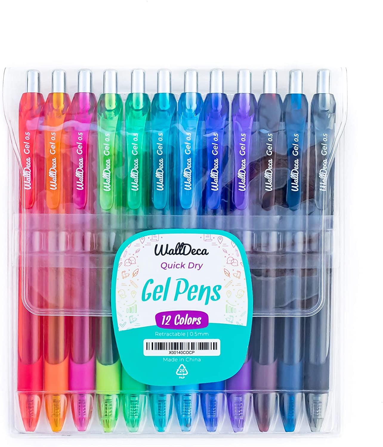 WallDeca Assorted Gel Pens 12 Count, Fine Point Tip (0.5mm)