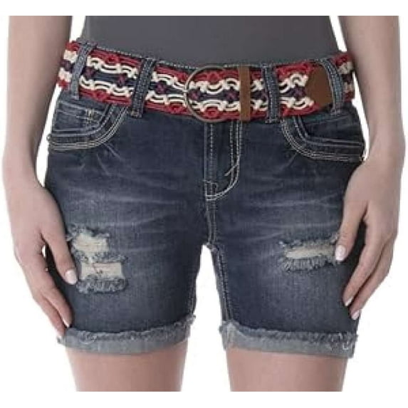 WallFlower Juniors Destructed Denim Mid Thigh Curvy Shorts in Kim Size:1