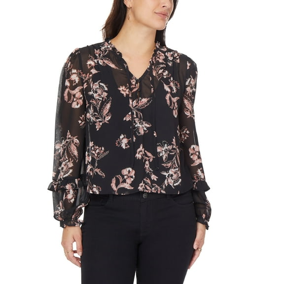 WallFlower Women's Elodie Long Sleeve V-Neck Chiffon Top (Available in Plus Sizes)