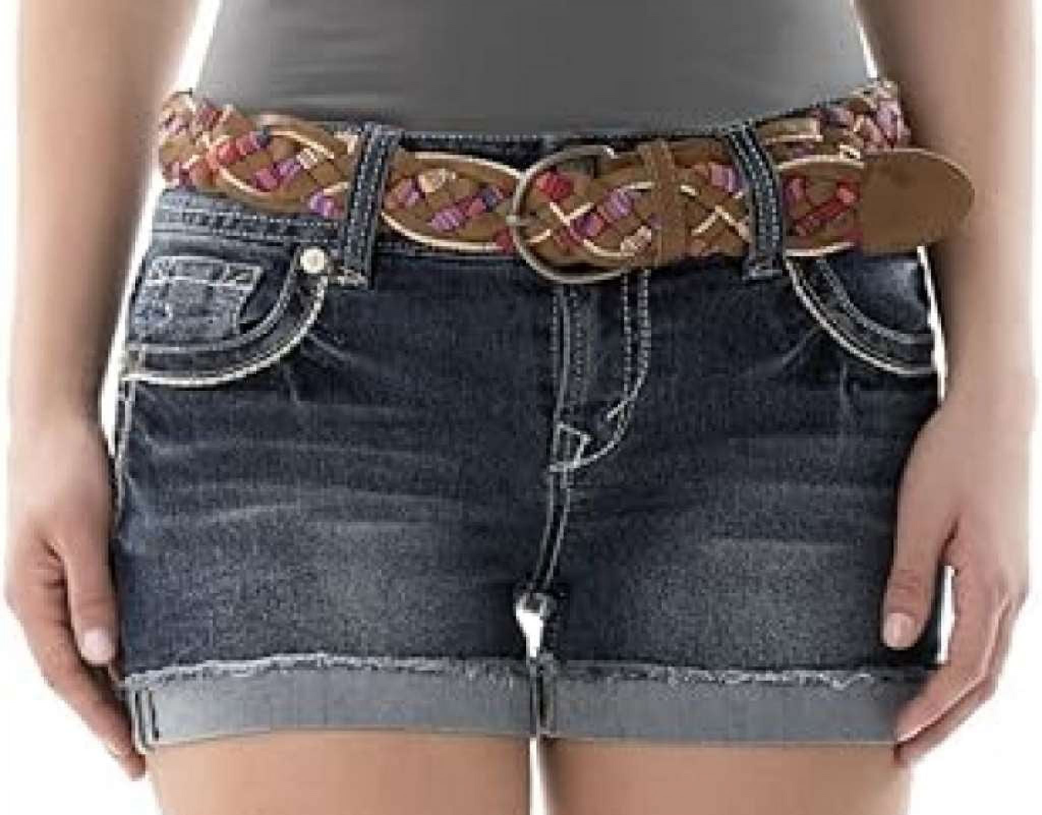 WallFlower Women's Legacy Luscious Curvy Denim Shorts Mid-Rise Bling and Belted Insta Stretch Juniors, Katy, 0 (waist 23", hip 33")