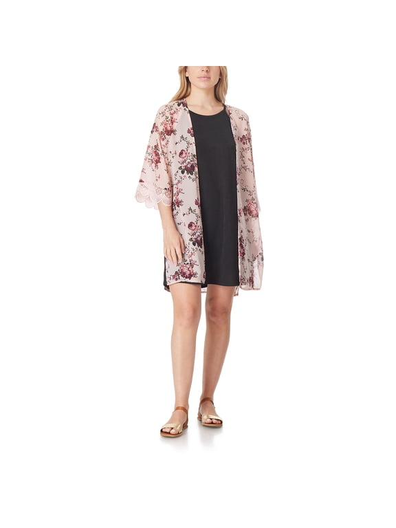 Women's Plus Size 2-Piece Set with Duster Pink Floral Black Dress, 1X
