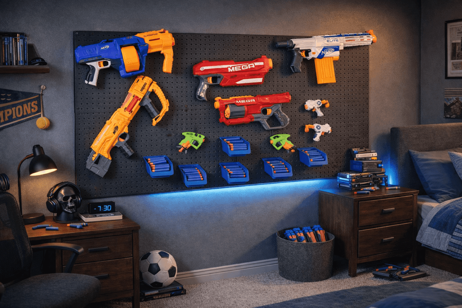 WallPeg Nerf Organizer Accessory Kit – 6 Large Cobalt Blue Pegboard Bins Ammo Storage & 20 Jumbo Peg Hooks for Mounting Nerf Blasters