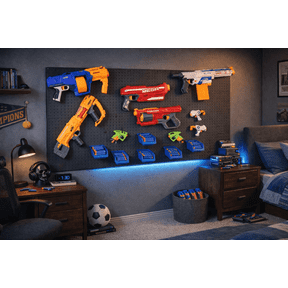 WallPeg Nerf Organizer Accessory Kit 6 Large Cobalt Blue Pegboard Bins Ammo Storage & 20 Jumbo Peg Hooks for Mounting Nerf Blasters