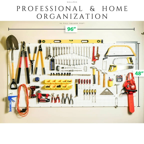 WallPeg Pegboard Wall Organizer Kit - (96"x32") Black Peg Board Panels, Shelves, Bins, Locking peg Hooks - Garage Storage for Tools. Crafts, Workbench Area - Made in USA