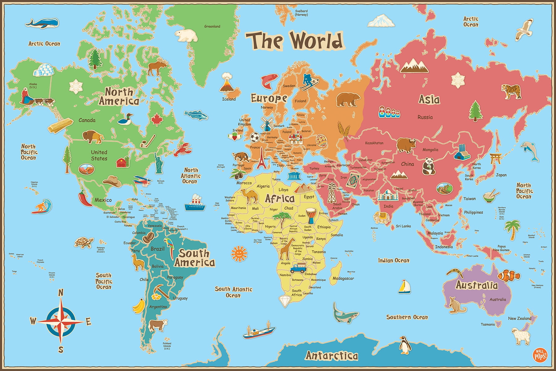 Colorful Dry Erase World Map Decal for Kids' Rooms