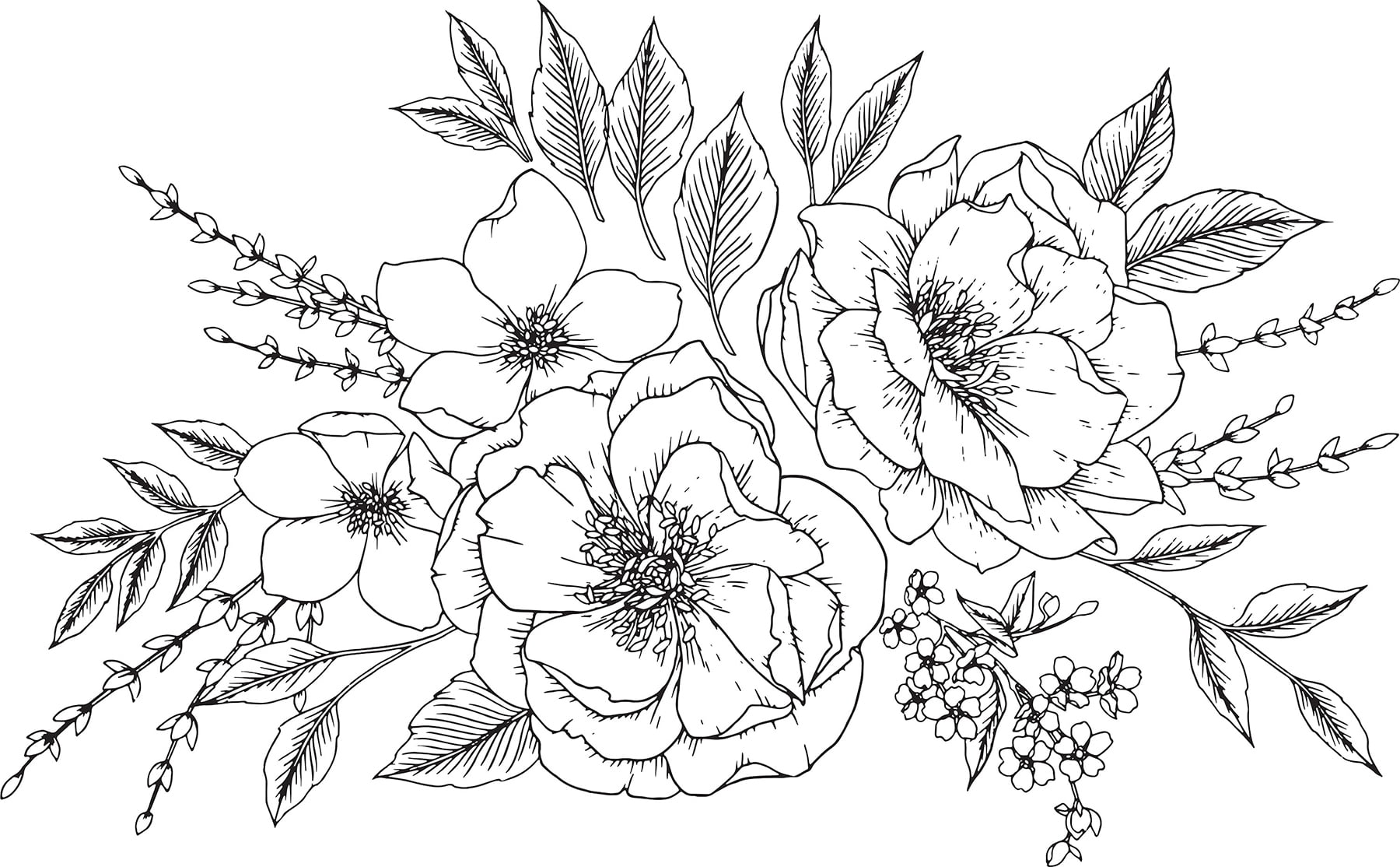 Peony and Rose Black Outline Self-Adhesive Wall Decal