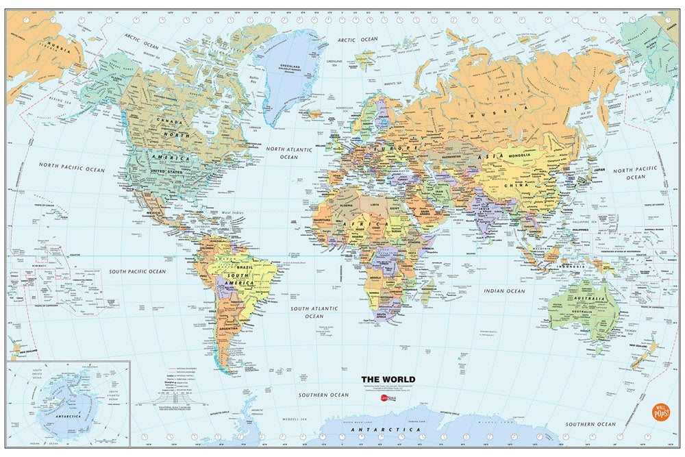 Large Blue Vinyl World Map Dry Erase Wall Decal